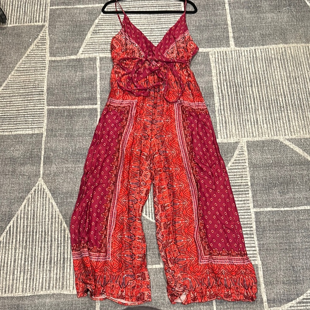 Free People Vibrant Red and Pink Jumpsuit